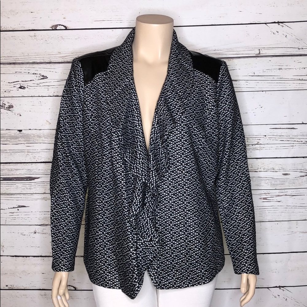 BFA Classics Size 24W Black & White - Faux Leather Trim Open Front Drape Jacket
